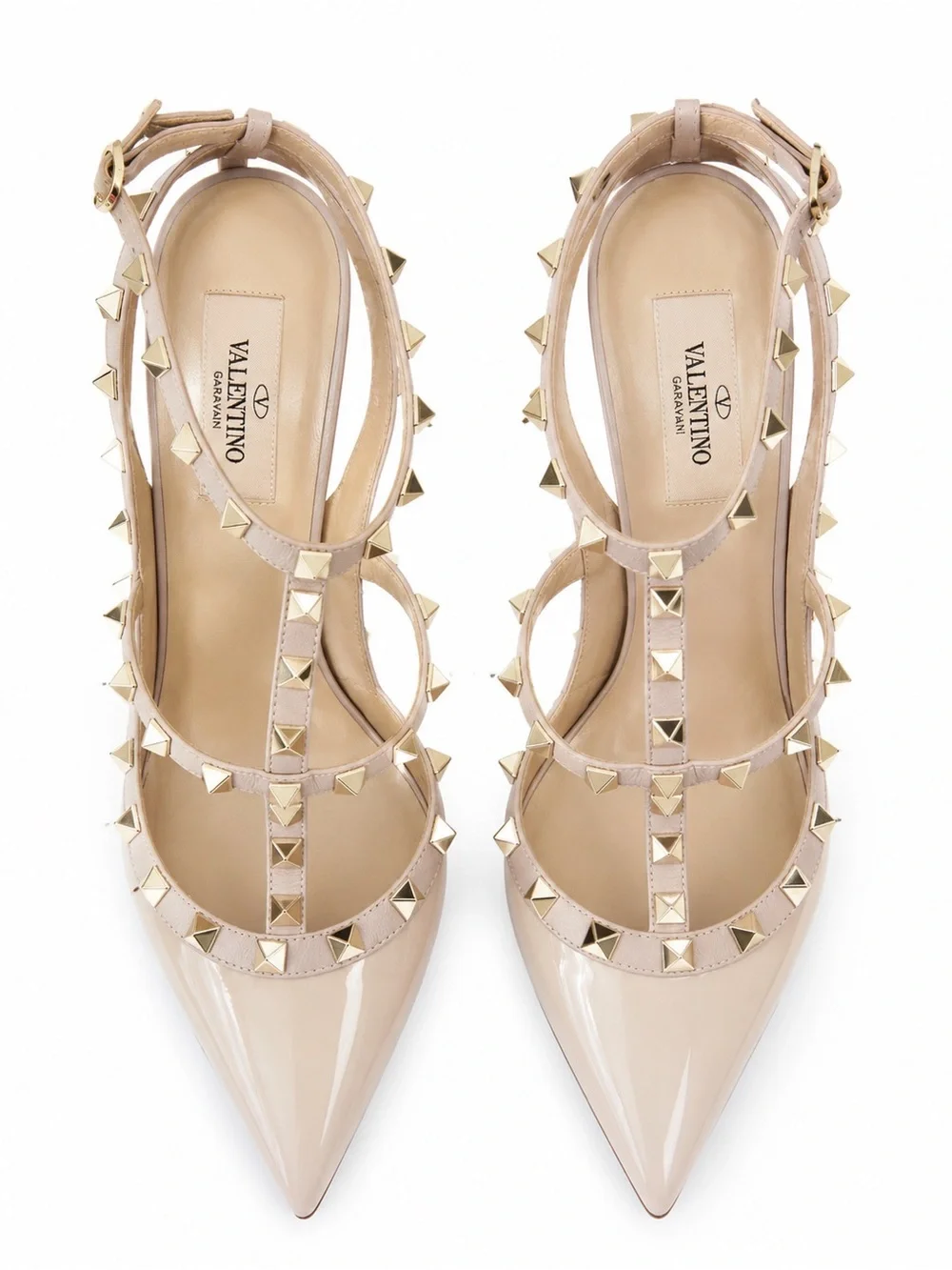 Valentino Garavani patent nappa leather pump feature iconic platinum-finish stud